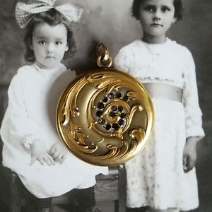 Antique Vintage Early 1900s W & SB Art Nouveau Gold Filled and Sapphire Locket